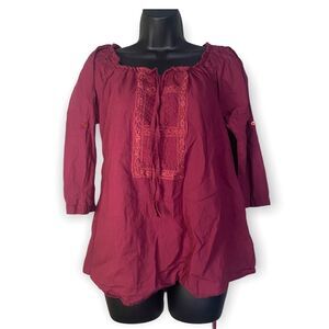 𝅺Oh Mamma Red Burgundy Peasant Maternity 3/4 Sleeve Blouse